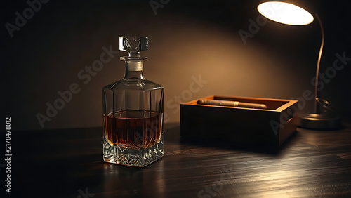 Crystal decanter and wooden cigar box on dark oak, refined leisure concept