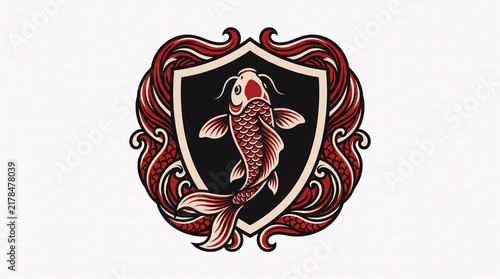 Koi Fish Shield Logo, Ornate Japanese Carp Crest Emblem