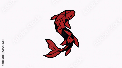Red Geometric Koi Fish Logo, Angular Japanese Carp Design
