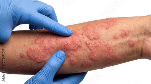 Doctor in blue gloves examining severe urticaria hives or raised red rash on patient's arm