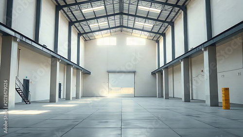 Modern warehouse interior with clean architectural lines, spacious empty space, and an industrial aesthetic.