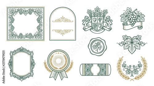 Vintage Emblems and Decorative Frames with Grapes and Leaves