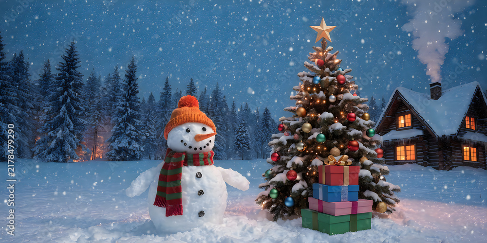 Fototapeta premium Happy snowman standing next to a decorated christmas tree in a snowy night city
