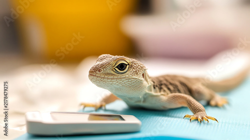 Bearded dragon resting on a notebook.