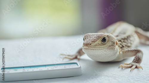 Bearded dragon sits beside a modern.