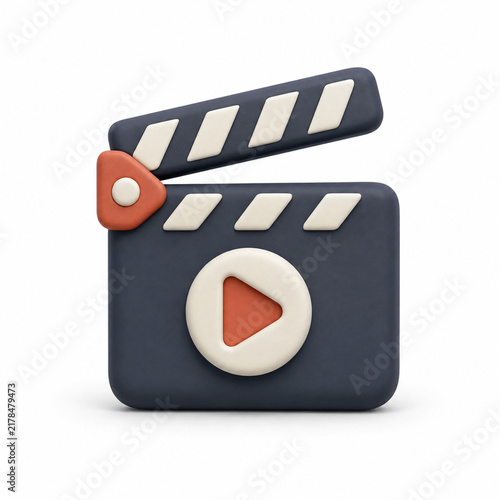 3D stylized clay movie clapperboard with play button on white background