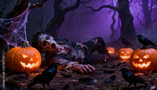Creepy zombie crawling among glowing jack-o'-lanterns and ravens in Halloween forest