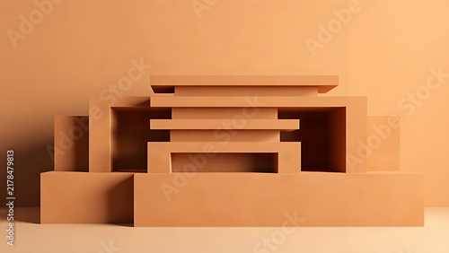 Geometric stacked terracotta blocks forming minimalist stepped structure.