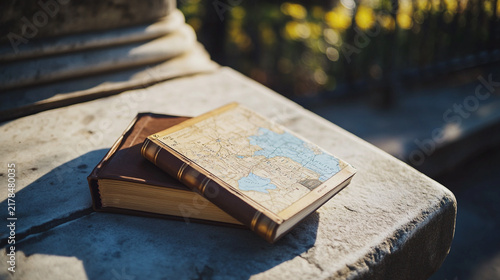 Sunlit vintage map and book on.