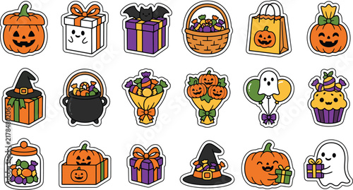 Cute Halloween Sticker Set Featuring Kawaii Pumpkins Ghosts Bats Candy Baskets Gift Boxes And Festive Treats For Seasonal Holiday Decorations And Creative Graphic Design Projects In A Flat Vector Styl