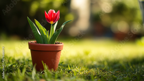Tulip in terracotta pot glows under.