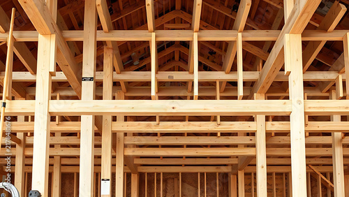 Wooden beam grid framework at construction site, architectural structure with natural texture.