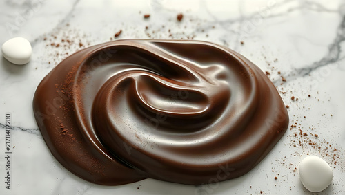 Melted dark chocolate waves on cool marble surface, gourmet dessert and indulgent sweetness.