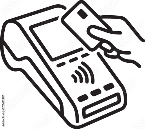 Contactless payment terminal icon with hand holding credit card for nfc transactions line art illustration