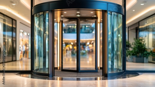Modern revolving door entrance in a stylish shopping mall with bright lights and elegant interior design inviting customers to explore retail stores