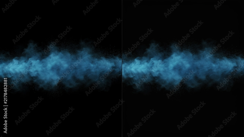 Obraz premium Two dark backgrounds featuring soft blue smoke or cloud like wisps floating in the center
