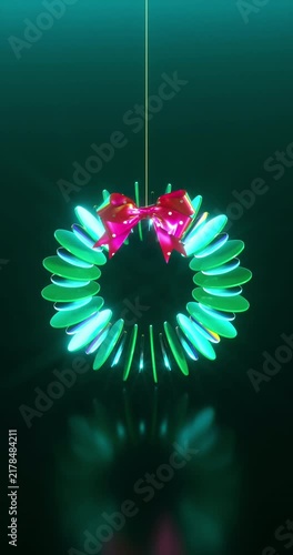 3D abstract hanging Christmas wreath with glass layers on dark background. 4k seamless loop animation.
