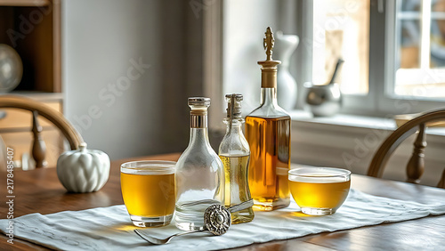 Elegant silver and glass oil and vinegar bottles on a linen-covered table.