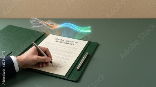 Person signing renewable energy agreement with elegant folder and premium pen for clean energy purchasing
