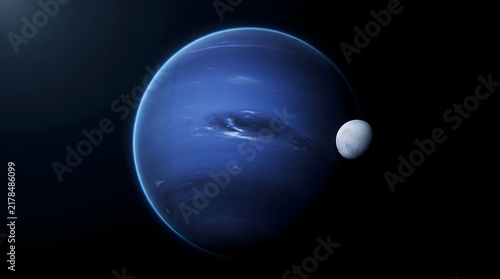 Blue Gas Giant Planet and Icy Moon in Deep Space