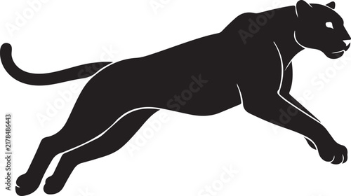 Black silhouette of a jumping panther isolated on a plain white studio background