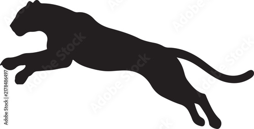 Black silhouette of a jumping panther isolated on a plain white studio background