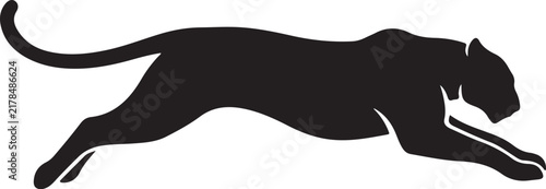 Black silhouette of a jumping panther isolated on a plain white studio background