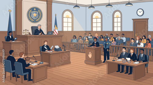 Pixel Art Courtroom Scene with Judge, Lawyers, Witness, and Jury