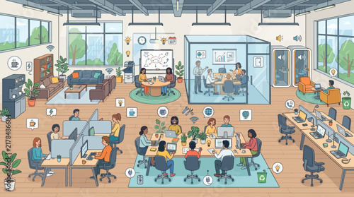 Modern Open Plan Office Space with Diverse Employees Working Together Illustration