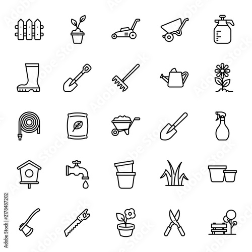 Gardening tool and plant care icon set for landscaping and gardening service. Gardening outline icon set
