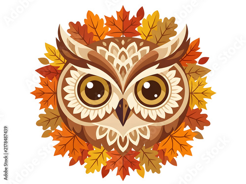 Vector owl face framing leaves, cute brown owl head in autumn foliage
