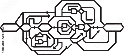 Abstract logic flow schematic illustration showing complex system network architecture and process optimization paths