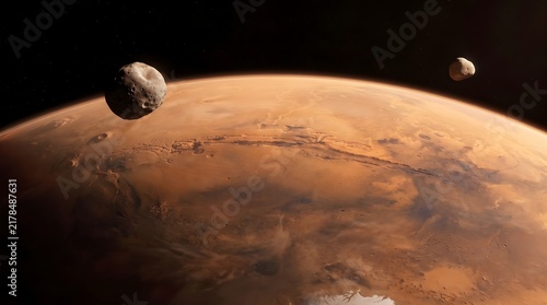 Mars Planet with Phobos and Deimos Moons