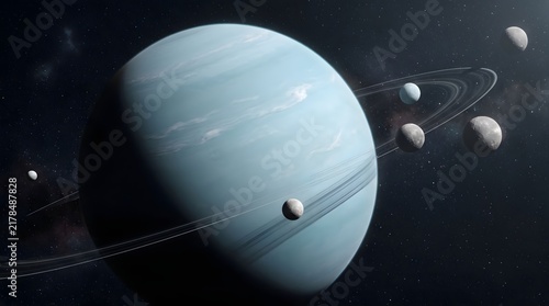 Blue gas giant planet with rings and multiple moons in deep space 3d illustration