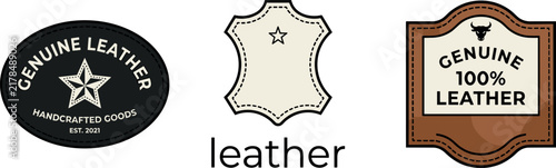 Genuine Leather Quality Badges and Hide Pelt Vector Icons Set for Apparel Craft and Footwear Branding