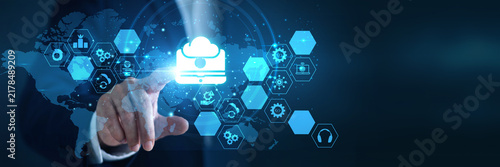 Fototapeta Cloud Architect Deploying apps Touching frameworks Platform as a Service Global network simplifies software builds. Hosted environments streamline app launch efficiently .