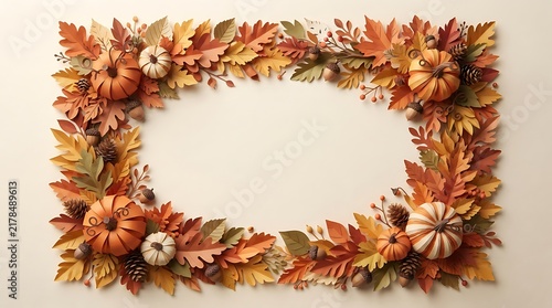 Autumn harvest frame with colorful fall leaves and assorted pumpkins on a light background for seasonal design