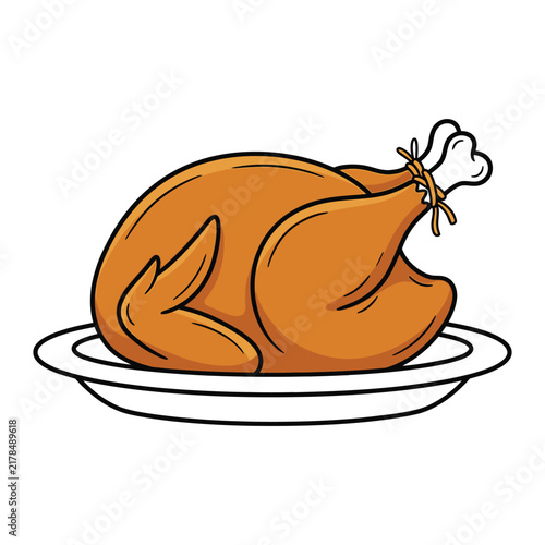 A delicious roasted whole chicken served on a white plate isolated on a clean white background for food design