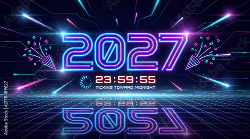 Futuristic 2027 Ticking Toward Midnight Neon Sign with Reflection and Laser Lines