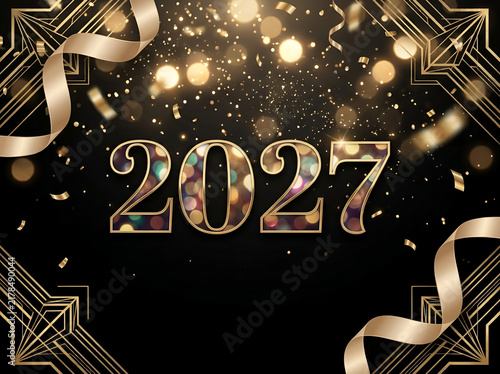 Glamorous 2027 New Year Celebration Background with Art Deco Gold Frame and Ribbons