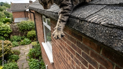 Fototapeta Wild cat instinct showing on house roof