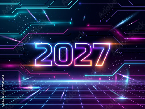 Cyberpunk 2027 Neon Hexagon Frame with Laser Grid and Circuit Patterns