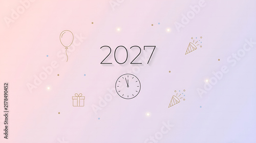 Pastel Minimalist 2027 New Year Banner with Line Art Clock and Doodles