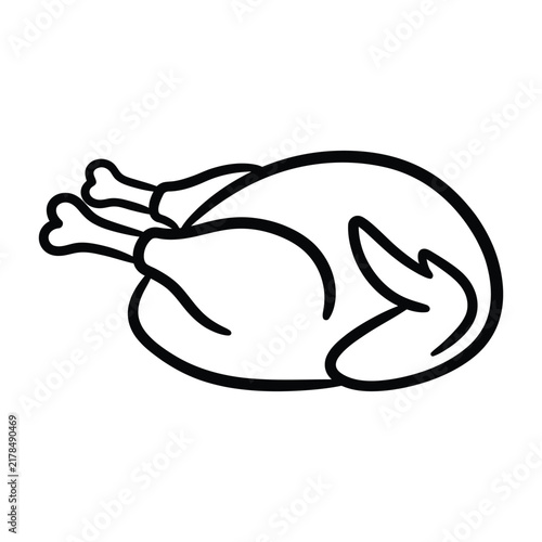 Simple black and white line drawing of a whole roasted chicken isolated on a plain white background for design