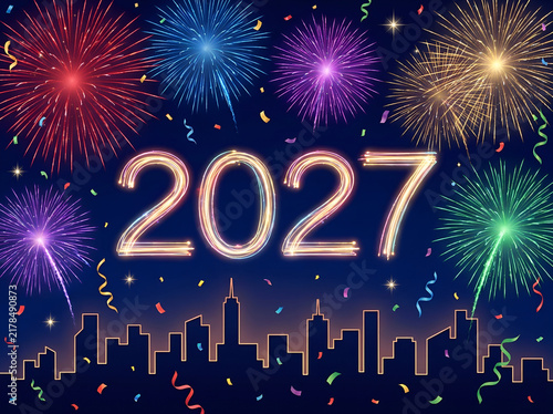 Sparkler Style 2027 Text with Colorful Fireworks and Line Art City Skyline