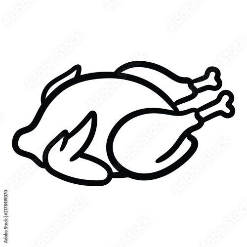 A simple black and white line art illustration of a whole roasted chicken ready for a holiday dinner