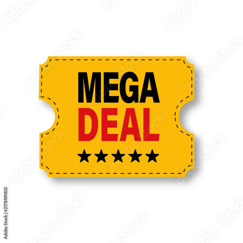 Foto Yellow ticket shape with mega deal text and five stars isolated on transparent b
