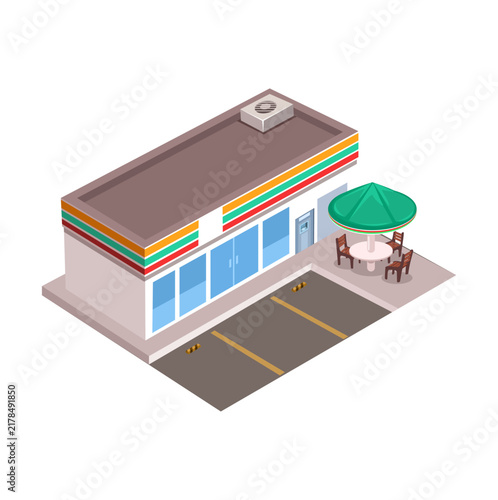 Isometric Convenience Store with Outdoor Bench and Umbrella Vector Illustration