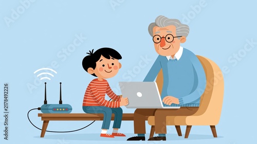 Young boy teaches grandfather how to use a laptop and connect to the internet