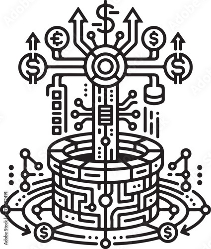 Digital Capital Fintech Well Icon with Growing Money Tree and Financial Circuit Technology